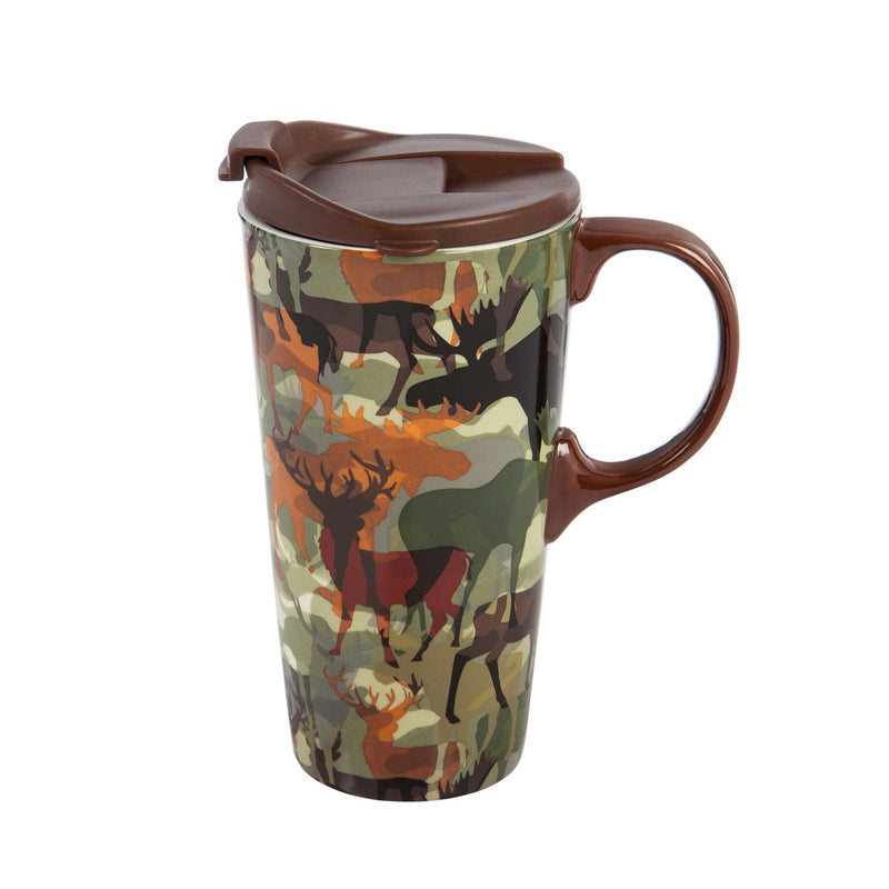 Cypress Home Beautiful Woodland Camouflage Ceramic Travel Cup with Matching Box - 4 x 5 x 7 Inches Indoor/Outdoor home goods For Kitchens, Parties and Homes