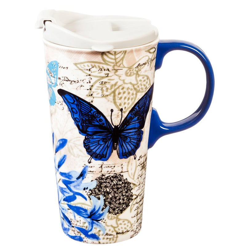Blue Floral Ceramic Travel Cup - 4 x 5 x 7 Inches