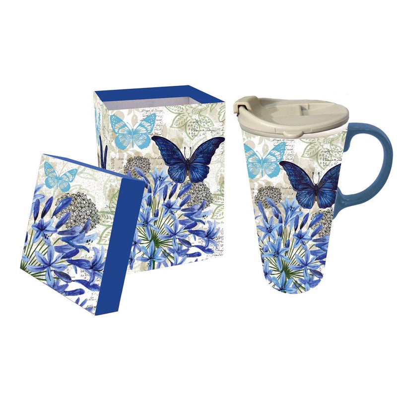 Blue Floral Ceramic Travel Cup - 4 x 5 x 7 Inches