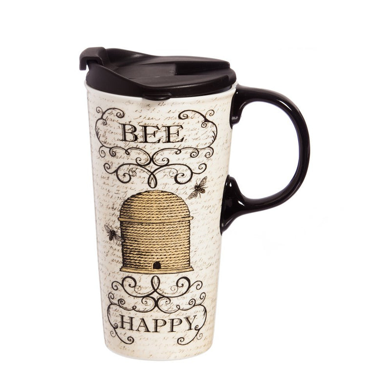 Cypress Home Inspirational Travel Mug, Bee Happy 17 OZ Ceramic Cup - 4 x 5 x 7 Inches Insulated Coffee Tea Mug