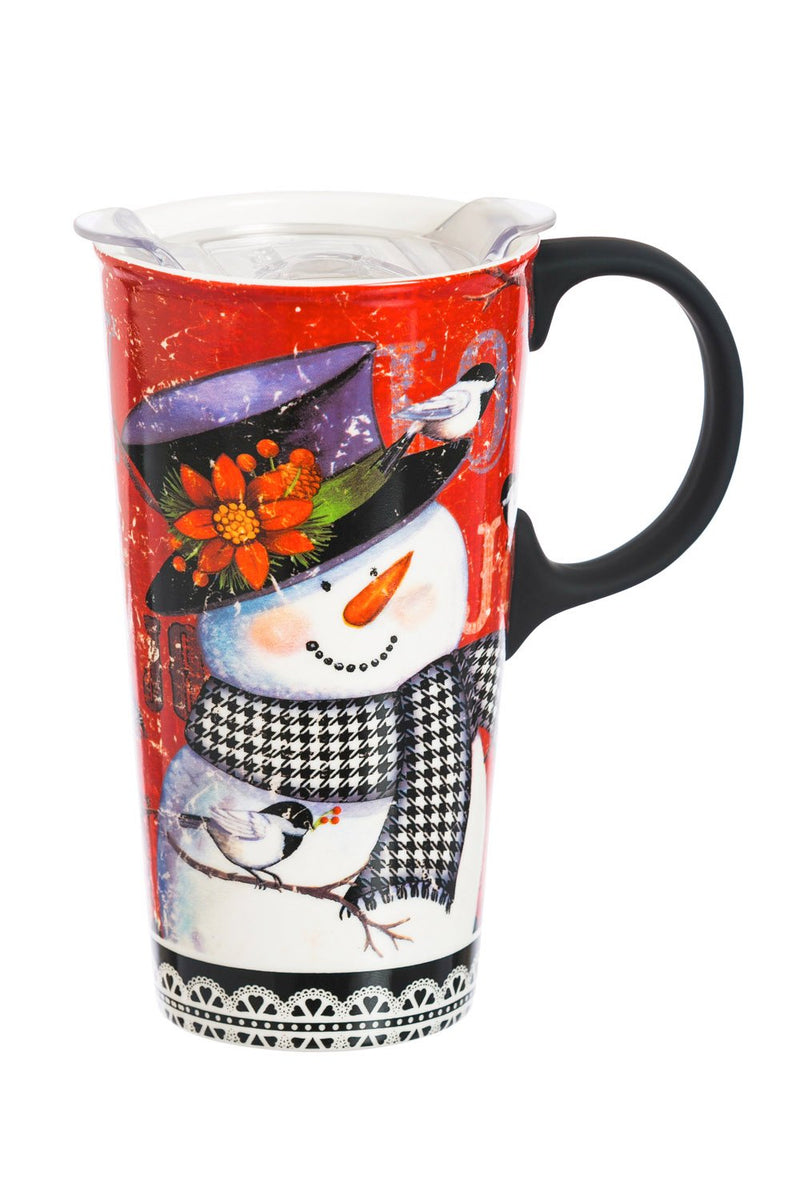 Cypress Home Beautiful Houndstooth Snowman Ceramic Travel Cup with Tritan Lid and Matching Box - 4 x 5 x 7 Inches Indoor/Outdoor home goods For Kitchens, Parties and Homes