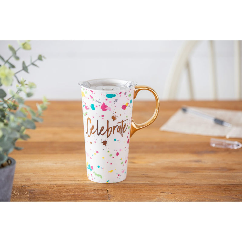 Ceramic Travel Cup w/ metallic accents, 17 OZ w/Box, Celebrate,3ctc6423a