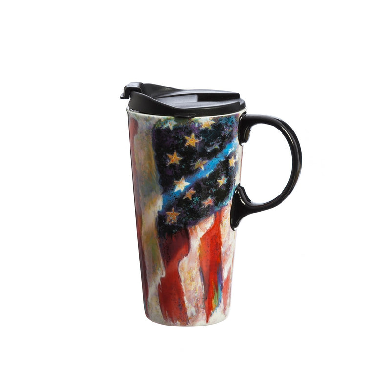 Cypress Home Beautiful American Flag Ceramic Travel Cup with Lid - 5 x 4 x 7 Inches Homegoods and Accessories for Every Space