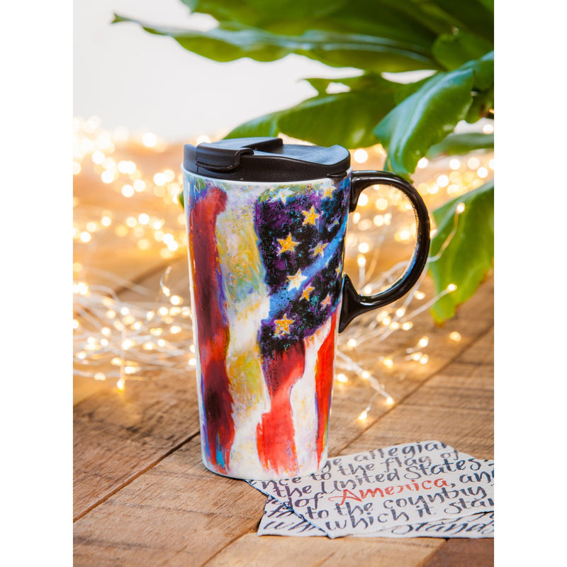 Cypress Home Beautiful American Flag Ceramic Travel Cup with Lid - 5 x 4 x 7 Inches Homegoods and Accessories for Every Space