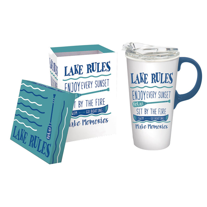 Cypress Home Beautiful Lake Rules Ceramic Travel Cup - 5 x 7 x 4 Inches Homegoods and Accessories for Every Space