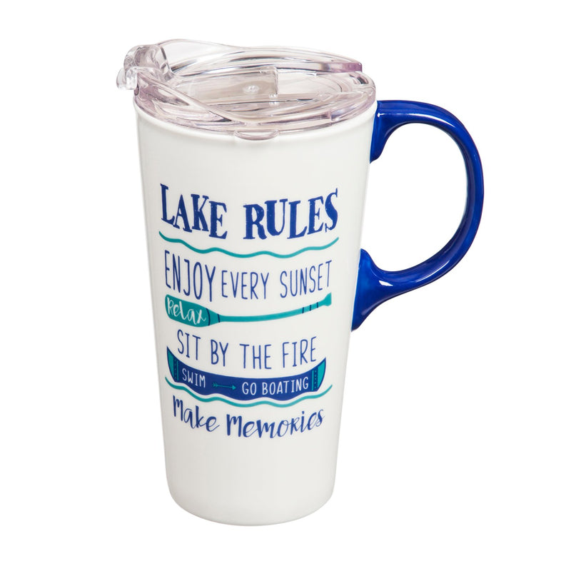 Cypress Home Beautiful Lake Rules Ceramic Travel Cup - 5 x 7 x 4 Inches Homegoods and Accessories for Every Space