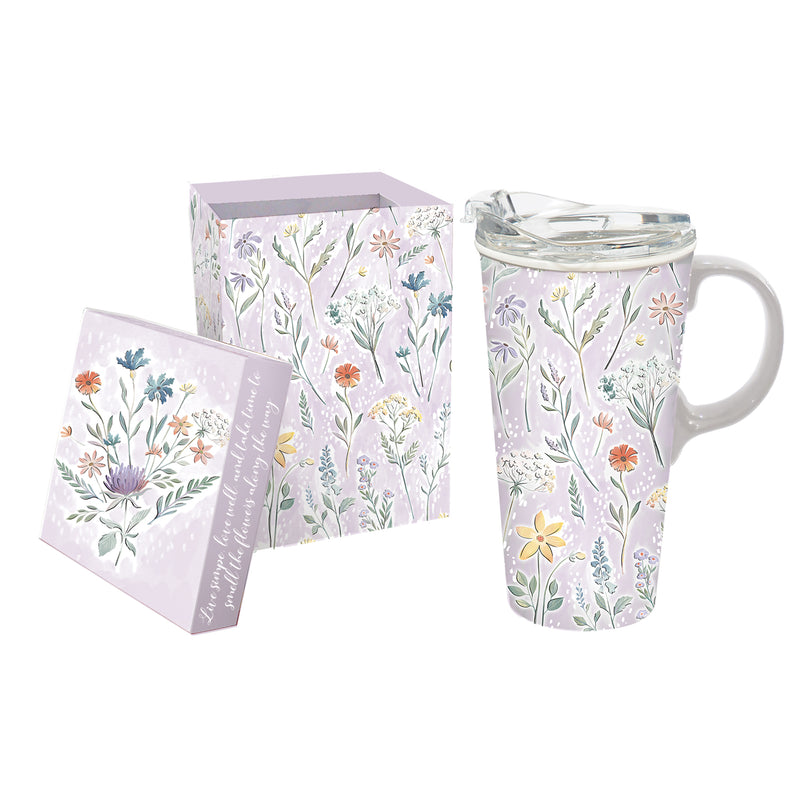 Ceramic Travel Cup, 17 oz., w/box and Tritan Lid, Bouquet of Wildflowers, 5.25"x3.6"x7"inches