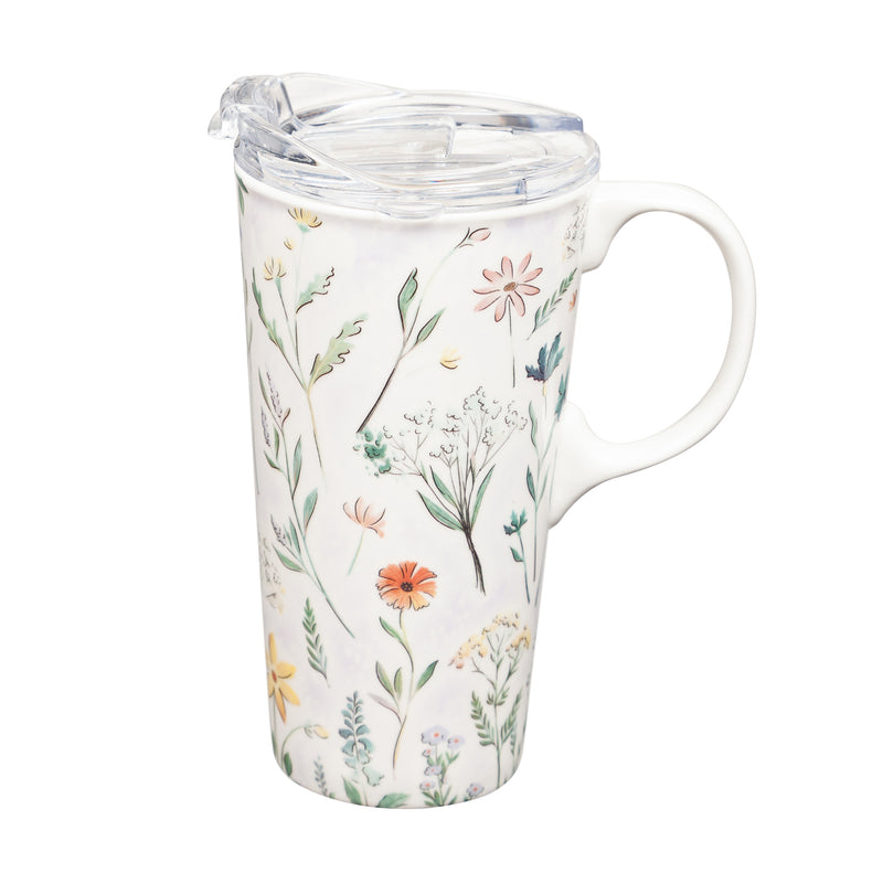 Ceramic Travel Cup, 17 oz., w/box and Tritan Lid, Bouquet of Wildflowers, 5.25"x3.6"x7"inches