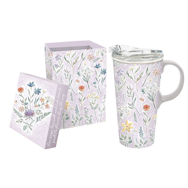 Ceramic Travel Cup, 17 oz., w/box and Tritan Lid, Bouquet of Wildflowers, 5.25"x3.6"x7"inches