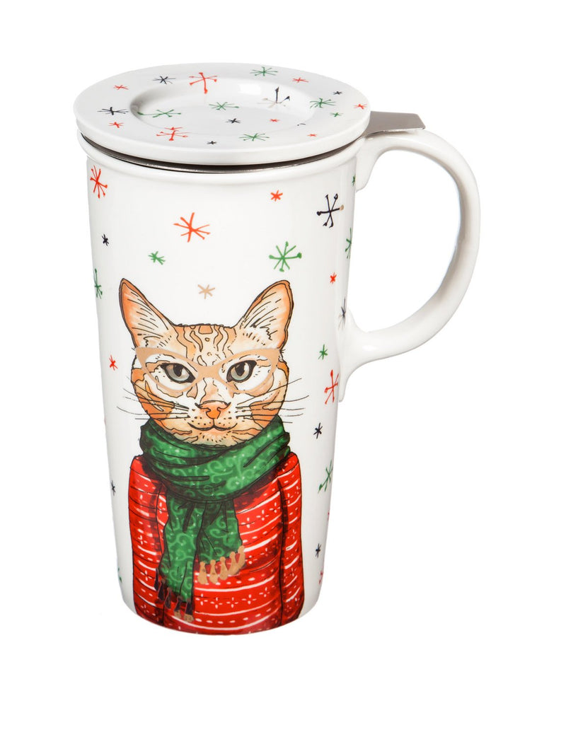 Holiday Cat 12 OZ Ceramic Cup and Infuser - 4 x 4 x 6 Inches