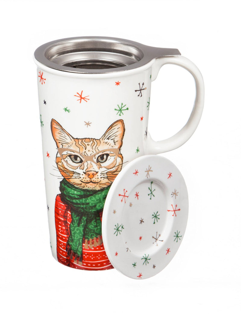 Holiday Cat 12 OZ Ceramic Cup and Infuser - 4 x 4 x 6 Inches