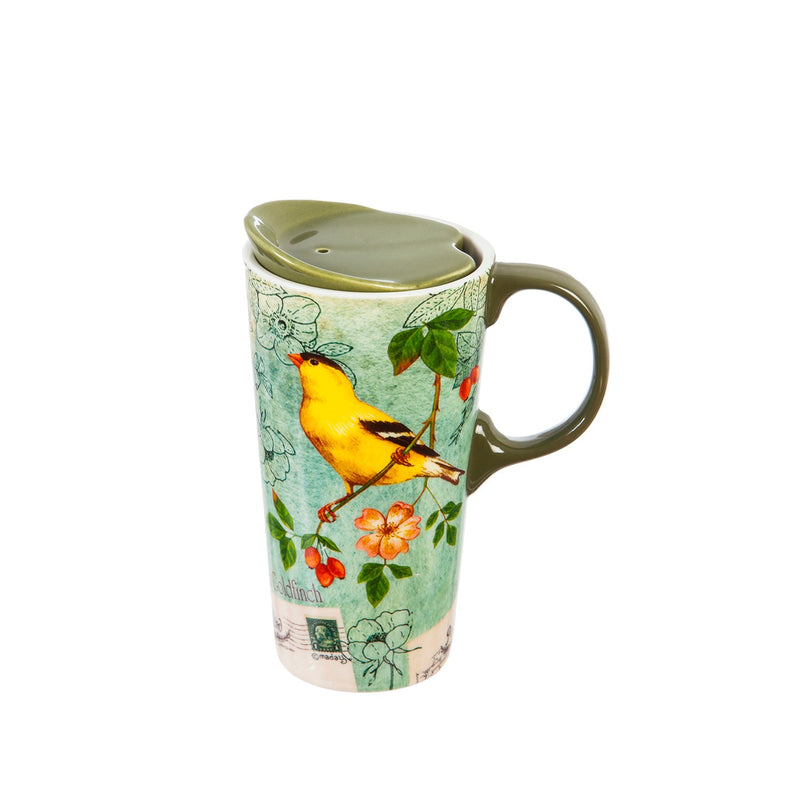 Travel Latte Cup Orange Flowers and a Yellow Bird
