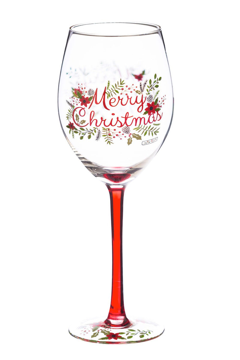 Cypress Home Beautiful Merry Christmas Wreath Stemmed Wine Glass - 4 x 9 x 4 Inches Indoor/Outdoor home goods For Kitchens, Parties and Homes