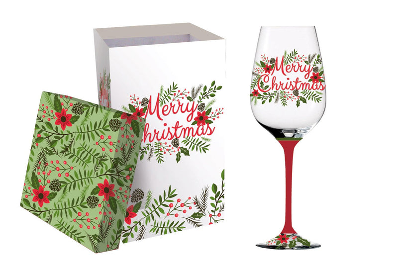 Cypress Home Beautiful Merry Christmas Wreath Stemmed Wine Glass - 4 x 9 x 4 Inches Indoor/Outdoor home goods For Kitchens, Parties and Homes