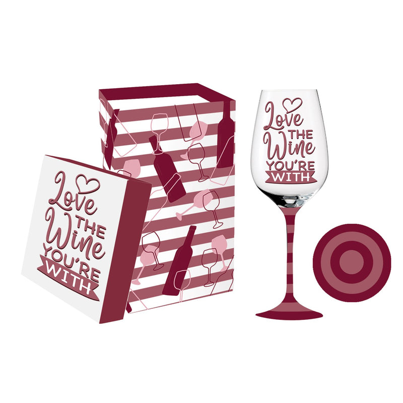 Wine Glass w/Box, 12 OZ., Love the Wine You're With, 3.5"x3.5"x9.5"inches