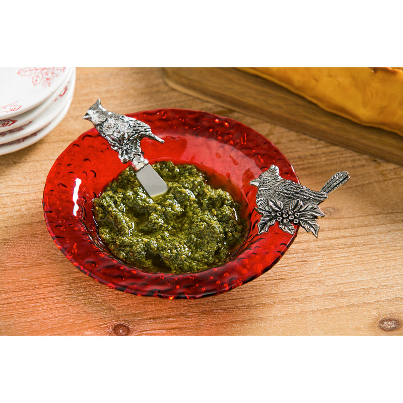 Glass Christmas Cardinal Dip Bowl & Spreader,3dds001