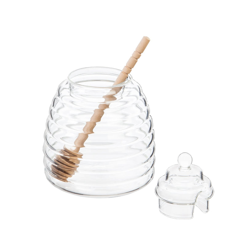 Cypress Glass Honey Jar with Wood Stick, 14 Oz., 5.4'' x 3.8'' x 3.8'' inches