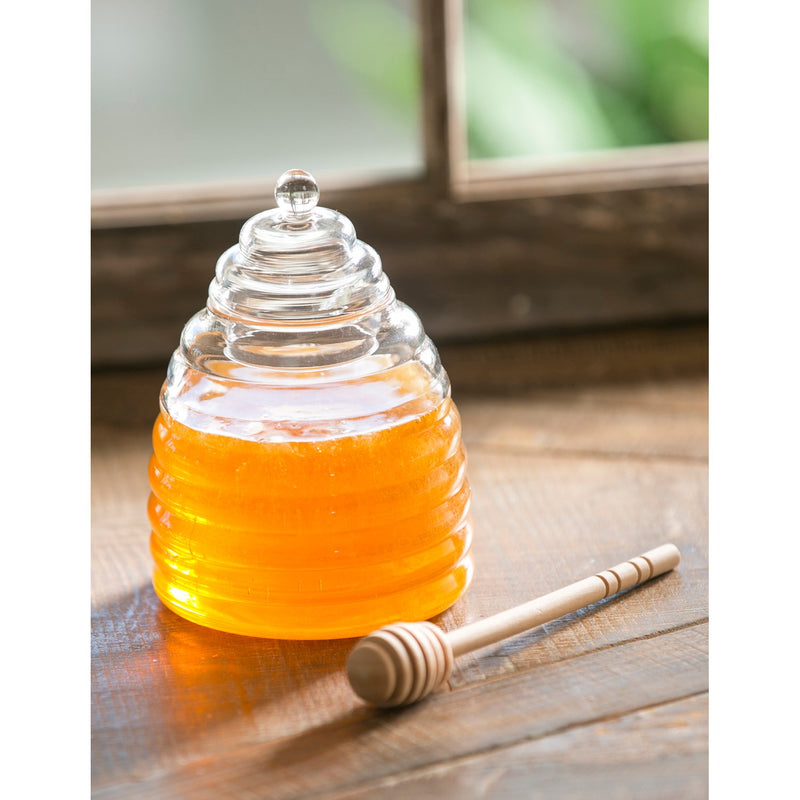 Cypress Glass Honey Jar with Wood Stick, 14 Oz., 5.4'' x 3.8'' x 3.8'' inches