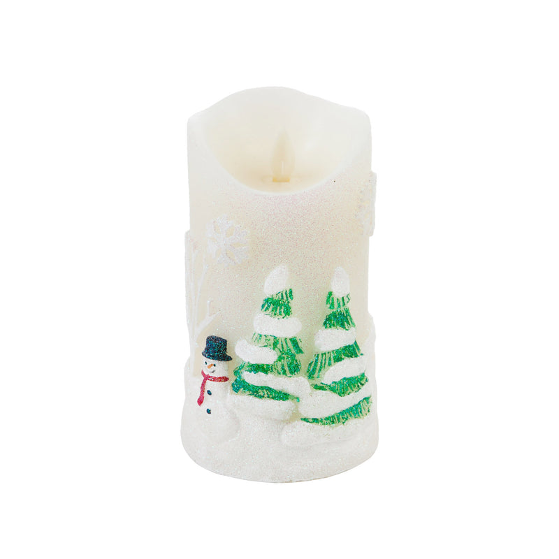 Snowy Day LED Wax Pillar Candle with Moving Wick and Timer Function, 3.5'' x 3.5'' x 6'' inches