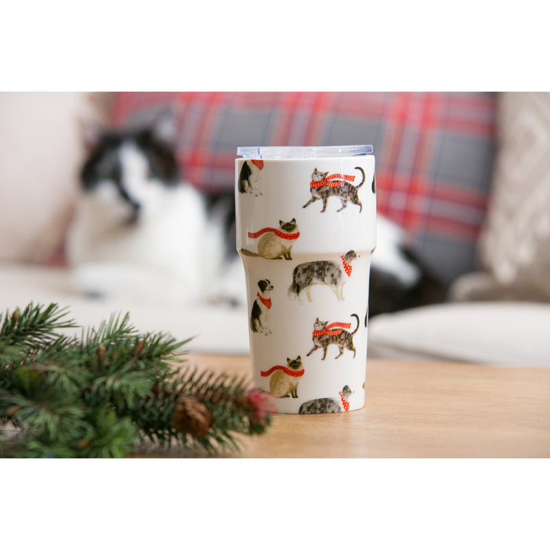 Cypress Home Beautiful Stylin Cat and Dog Double Wall Ceramic Companion Cup with Tritan Lid - 4 x 4 x 6 Inches Indoor/Outdoor home goods For Kitchens, Parties and Homes