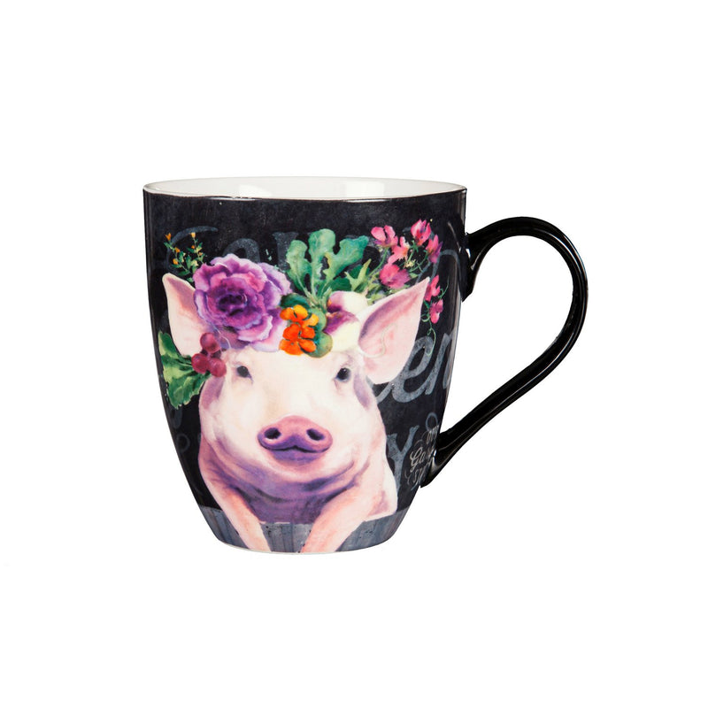 Ceramic Cup O' Java, 17 OZ, Floral Pig, 5.87"x4.12"x4.75"inches