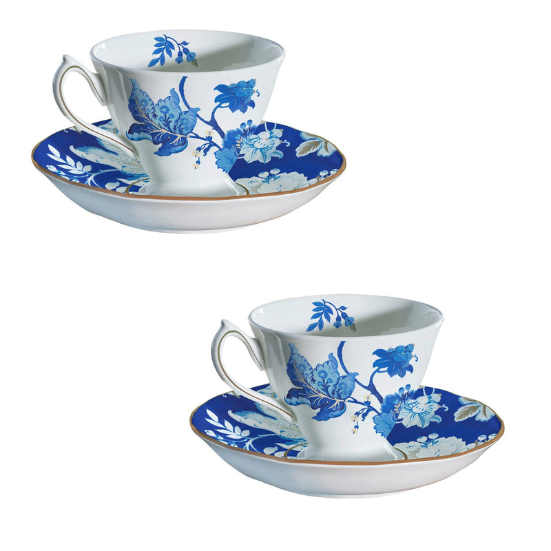 Evergreen Bone China Cup and Saucer Set, 6 OZ, Blue Floral Toile, 4.35'' x 3.5'' x 2.56'' inches
