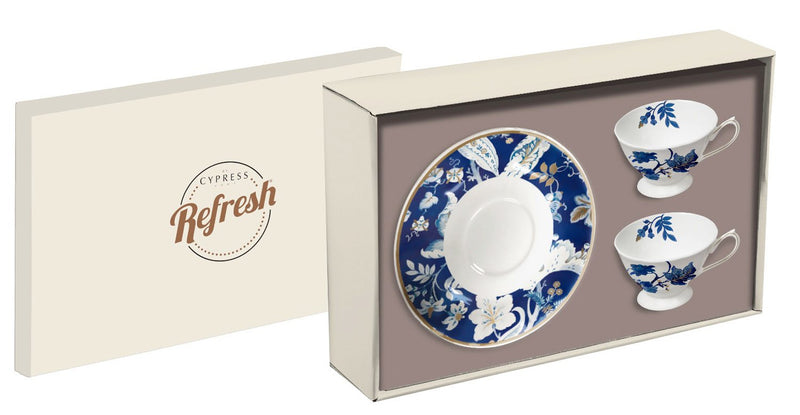 Evergreen Bone China Cup and Saucer Set, 6 OZ, Blue Floral Toile, 4.35'' x 3.5'' x 2.56'' inches
