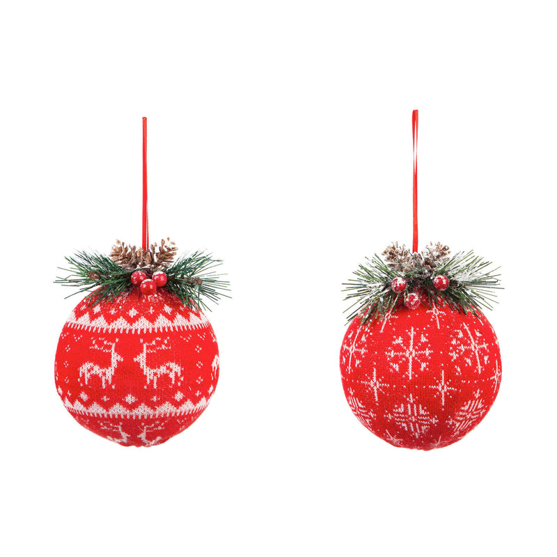 Red and White Patterned Ornament with Artifical and Berries, 2 Assorted, 3.5'' x 3.5'' x 4.5'' inches