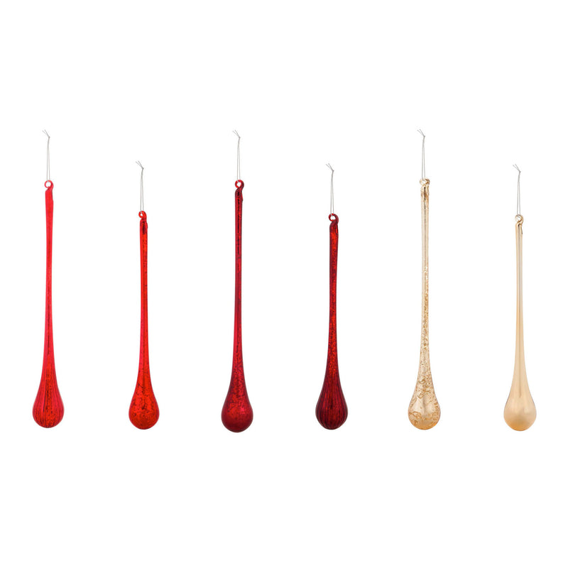 Set of 6 Glass Ornaments: 3 Short, 3 Long, 3 Assorted Colors: Burgundy, Red, Gold,3orng003