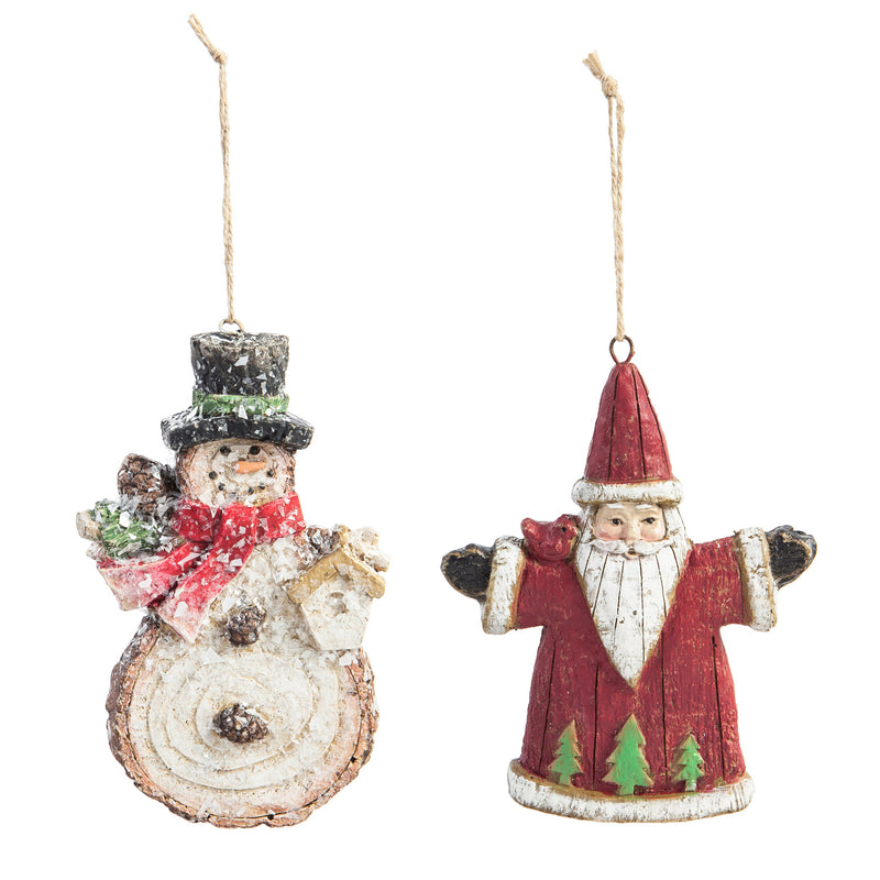 Hand Painted Paperstone Ornament, Snowman/Santa , 2 Assorted