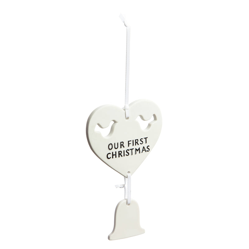 White Ceramic Our 1st Christmas Couple Ornament in Gift Box, 3'' x 0.2'' x 6'' inches