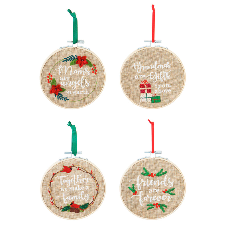 5" Needlepoint Frame Wood Ornament, Christmas Message, 4 Assorted,3otf132