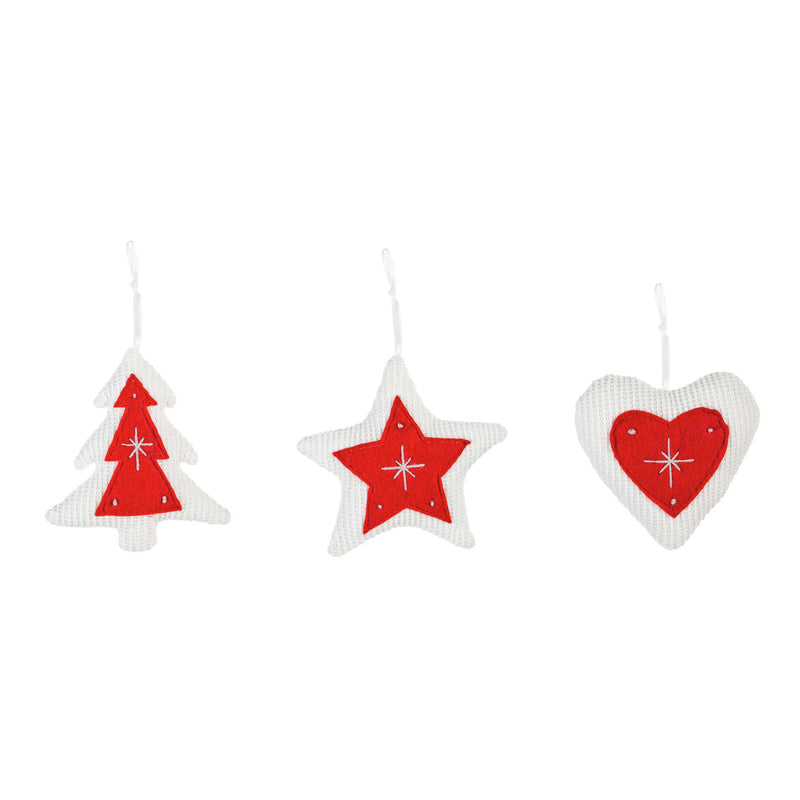 Knitted Fabric Ornament, Tree/Star/Heart, 3 Assorted, 4.8'' x 1.5'' x 4.5'' inches