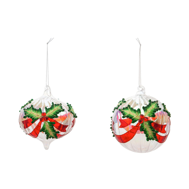 Glass Holly Ball Ornament, 2 Assorted Designs, 3.8'' x 3.8'' x 4'' inches