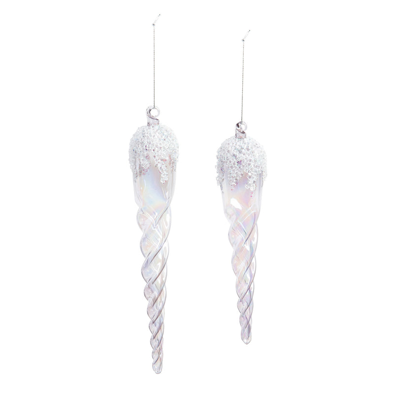 Grey Glass Icicle Ornament with Glitter, Set of 2