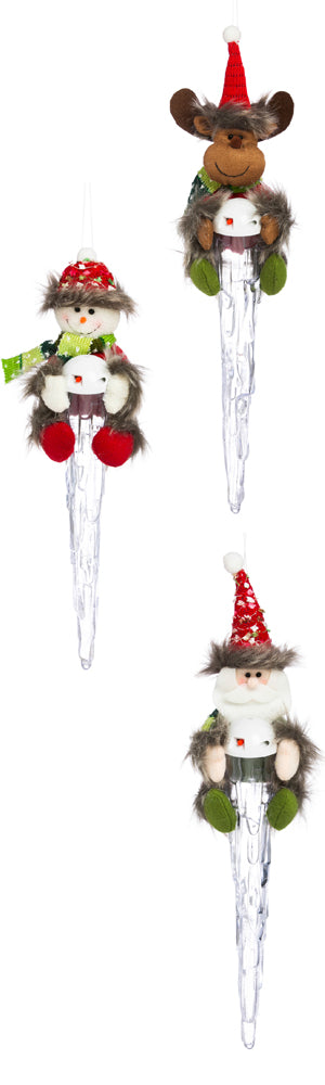 Evergreen Plush LED Icicle Ornament, 3 Assorted, 3.5'' x 3.2'' x 15.8'' inches