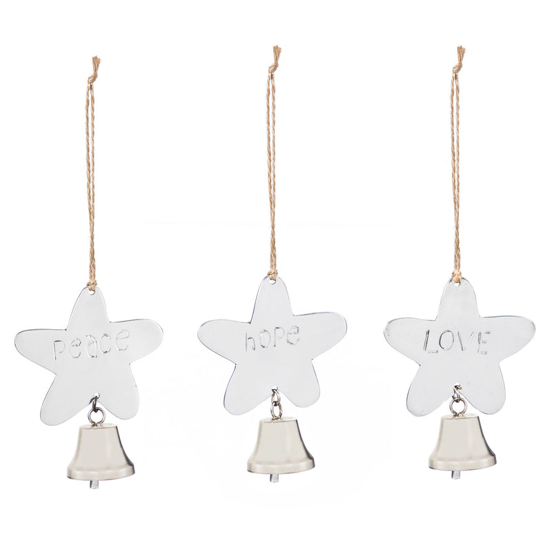Metal Star with Bell Ornament: Love, Hope, Peace, 3 Assorted,3otm183