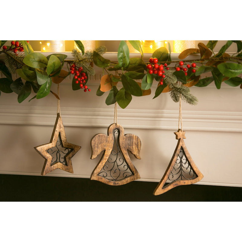 Metal and Wood Ornament, Star/Christmas Tree/Angel, 3 Assorted