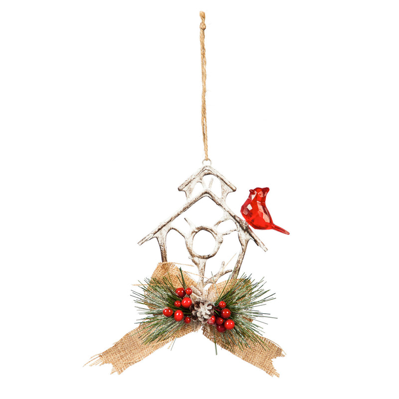 Metal Birdhouse Ornament with Artificial and Ribbon,3otm210