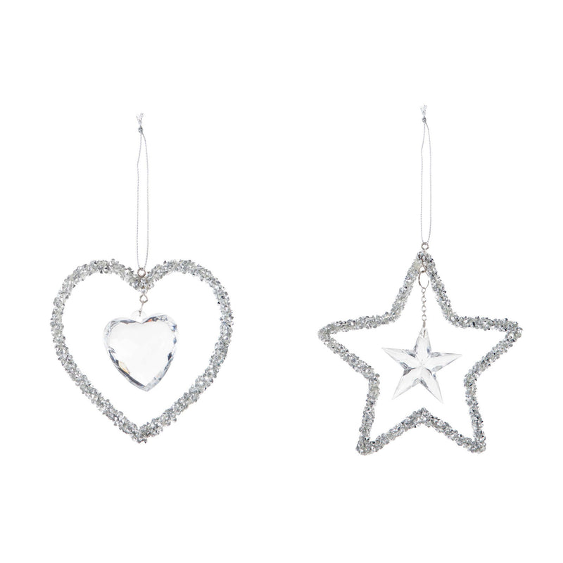 Acrylic and Wire Ornament, 2 Asst: Heart/Star,3otm247