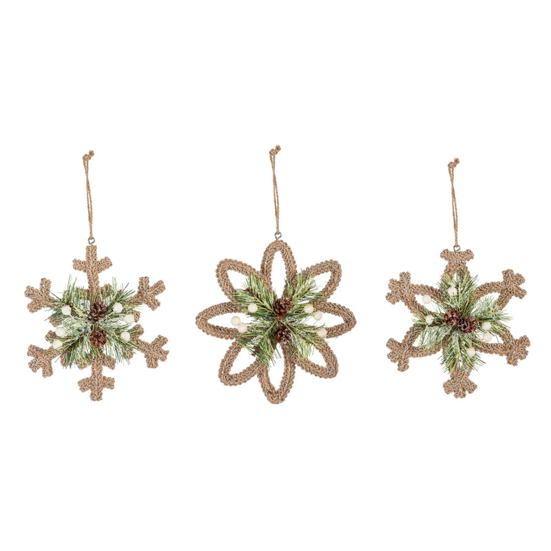 Wire Snowflake Ornament Wrapped with Jute, 3 Asst,3otm251