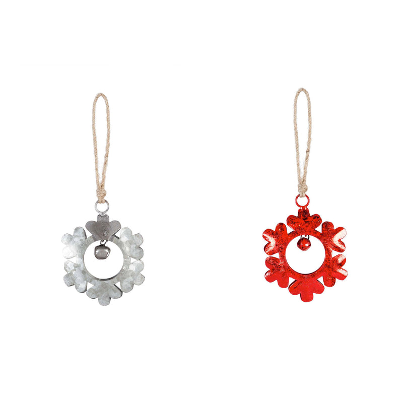 Galvanized Metal Snowflake Ornament with Bell, Red/Gray, 2 Asst,3otm259