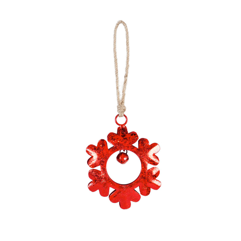 Galvanized Metal Snowflake Ornament with Bell, Red/Gray, 2 Asst,3otm259