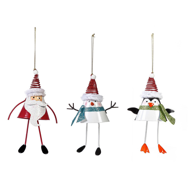 Metal Winter Friends with Dangling Legs Ornament, 3 Asst: Santa, Snowman, Penguin,3otm268