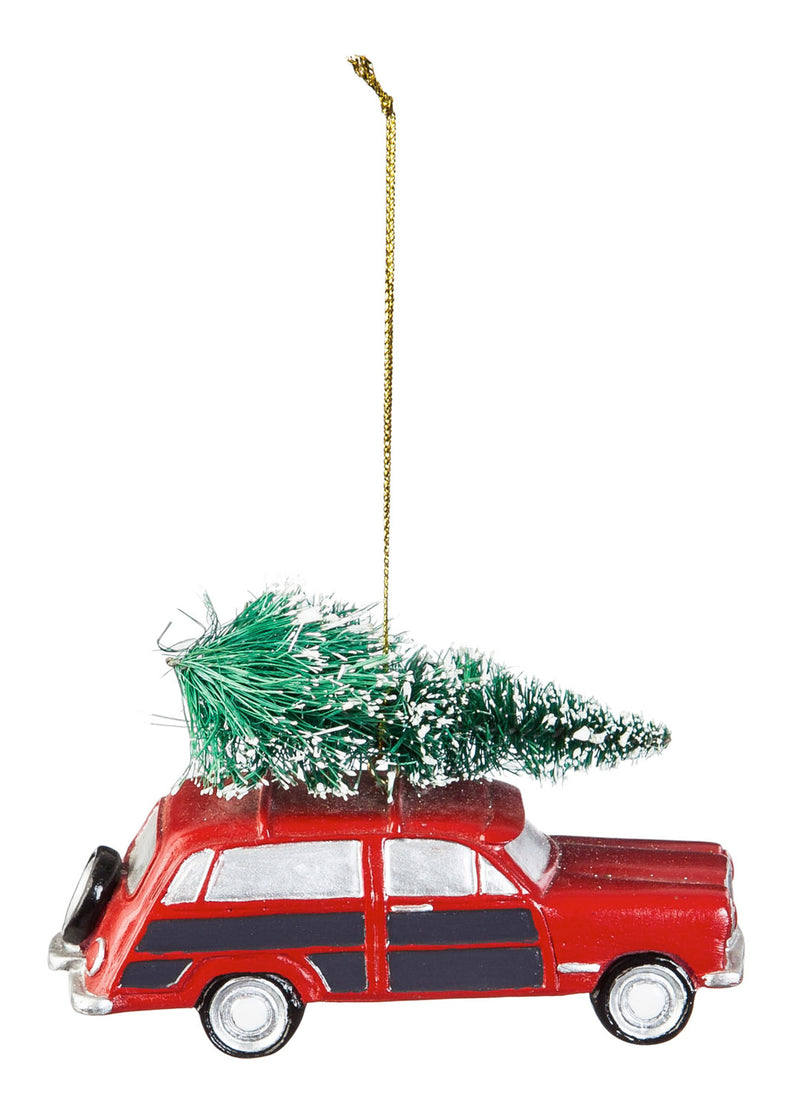 Red Polystone Truck and Station Wagon Ornament, 2 ASST