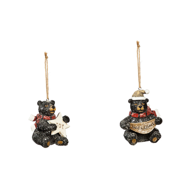 Resin Black Bear Ornament, 2 Assorted, Joy/Welcome, 2.6'' x 3'' x 4'' inches