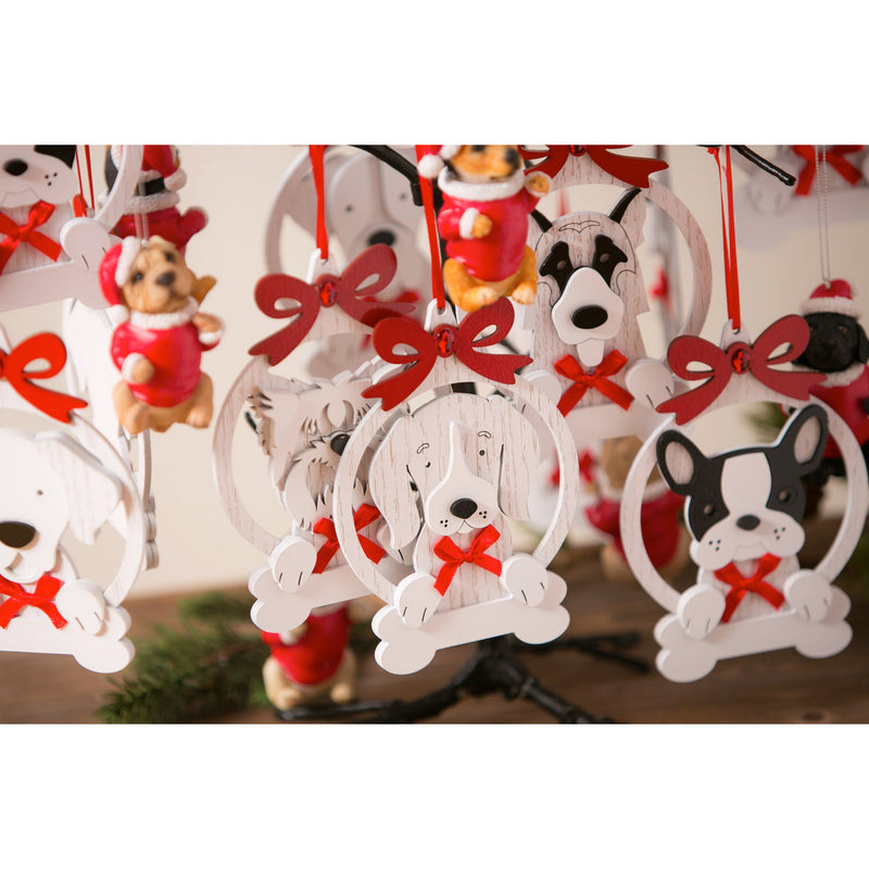 White Wood Dog Ornament with Red Bow, 7 Assorted