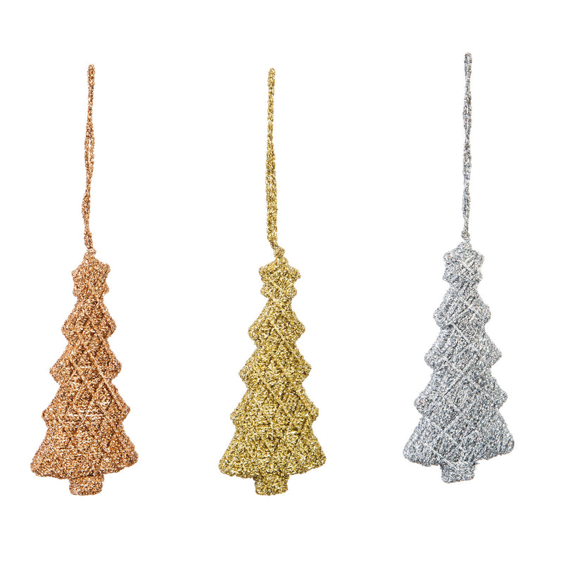 Metallic Fabric Christams Tree Ornament, Gold/Copper/Silver, 3 Assorted