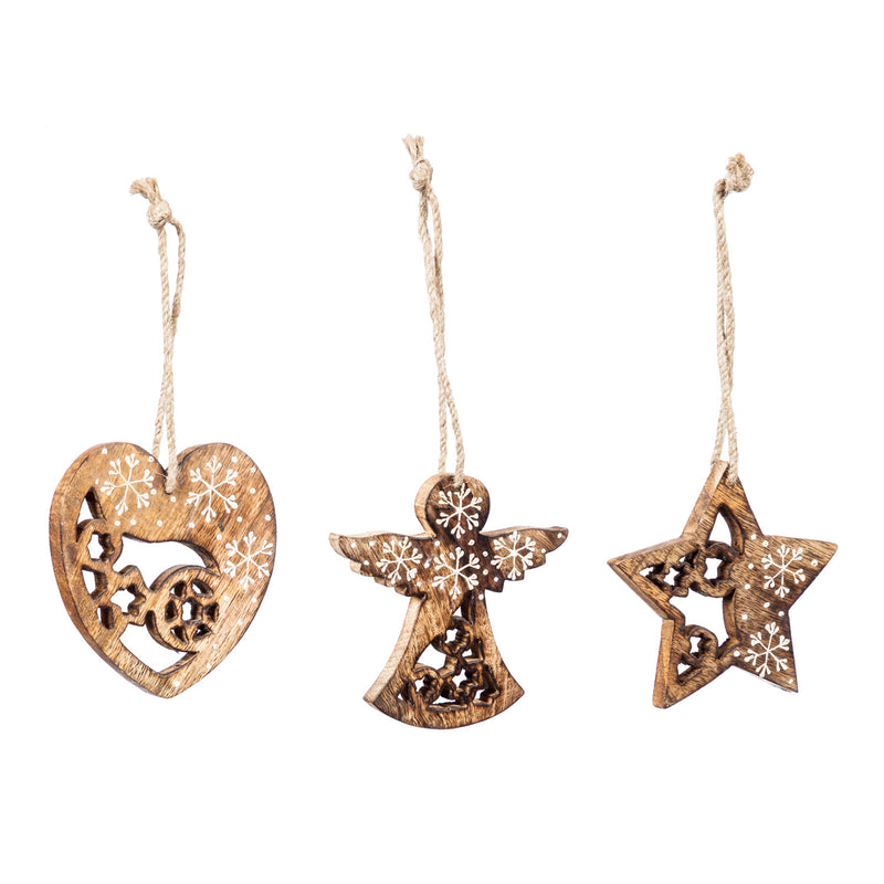 Wood White Handpainted Ornament, Star/Heart/Angel, 3 Assorted,3otw116