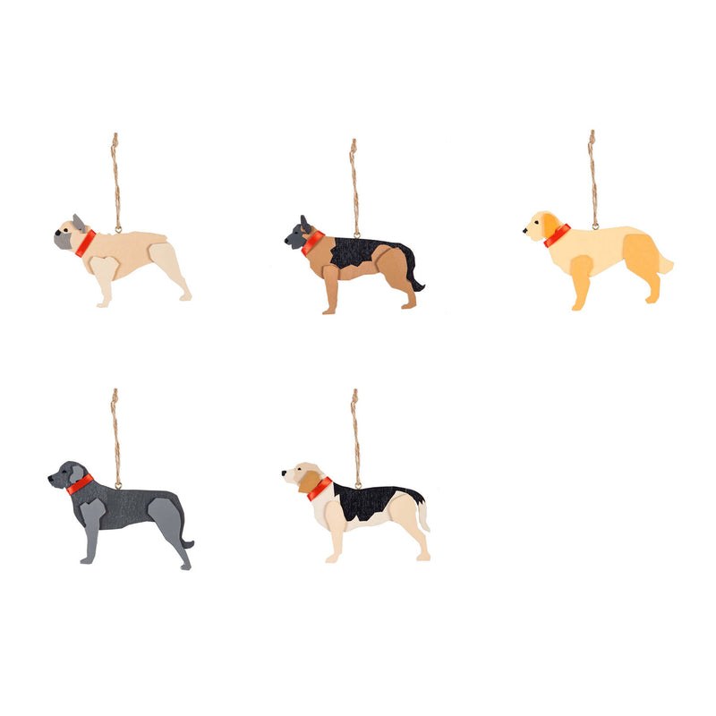 Wood Dog Shaped Ornament, 5 Assorted, 5.4'' x 0.5'' x 3.6'' inches